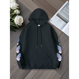 Women'S Butterfly Printed Hoodie, Casual Pullover with Slight Stretch, All Seasons, Polyester, 250g/m² Knit Fabric, Hooded Collar, Large Size