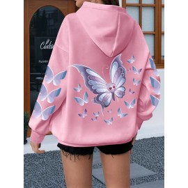 Women'S Butterfly Printed Hoodie, Casual Pullover with Slight Stretch, All Seasons, Polyester, 250g/m² Knit Fabric, Hooded Collar, Large Size
