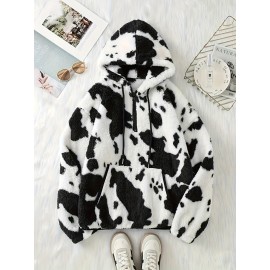 Women's Elegant Half-Zip Hooded Jacket, Plus Size Winter Warmth Coat with Full-Zip Front, Soft Fleece Lining, Animal Print (Cow/Sheep Design), Casual Outerwear, Cold Weather Wear, Stylish Outerwear, Zip-Up Coat