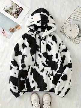 Women's Elegant Half-Zip Hooded Jacket, Plus Size Winter Warmth Coat with Full-Zip Front, Soft Fleece Lining, Animal Print (Cow/Sheep Design), Casual Outerwear, Cold Weather Wear, Stylish Outerwear, Zip-Up Coat