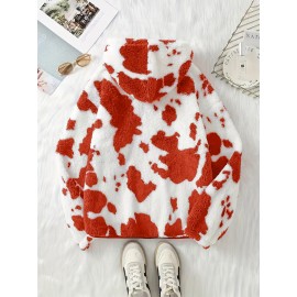 Women's Elegant Half-Zip Hooded Jacket, Plus Size Winter Warmth Coat with Full-Zip Front, Soft Fleece Lining, Animal Print (Cow/Sheep Design), Casual Outerwear, Cold Weather Wear, Stylish Outerwear, Zip-Up Coat