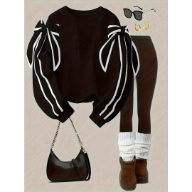 [Winter Clothing Construction] Plus Size Women's Elegant Bow Detail Sweatshirt | Cozy Long Sleeve Crewneck Pullover, Solid Color Casual Fall/Winter Wear