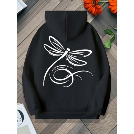 Plus Size, Women's Oversized White Dragonfly Print Hooded Sweatshirt - Long Sleeve Casual Pullover with Drawstring Hood & Kangaroo Pocket, Plus Size All-Season Comfort, Elegant White Sweater for Casual Attire, Machine Washable, Relaxed Fit with Stylish Dragonfly Back Print, Soft Fabric for Layering, Chic and Versatile Women's Fashion