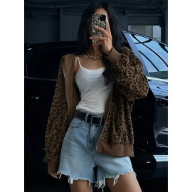 Plus Size - Women'S Plus Size Hooded Sweatshirt - Brown Leopard Print Zip-Up Jacket with Front Pockets, Long Sleeve Casual Outerwear for Everyday & Formal Outfits, Spring/fall Fashion, Spring Outerwear, Stylish Hoodie