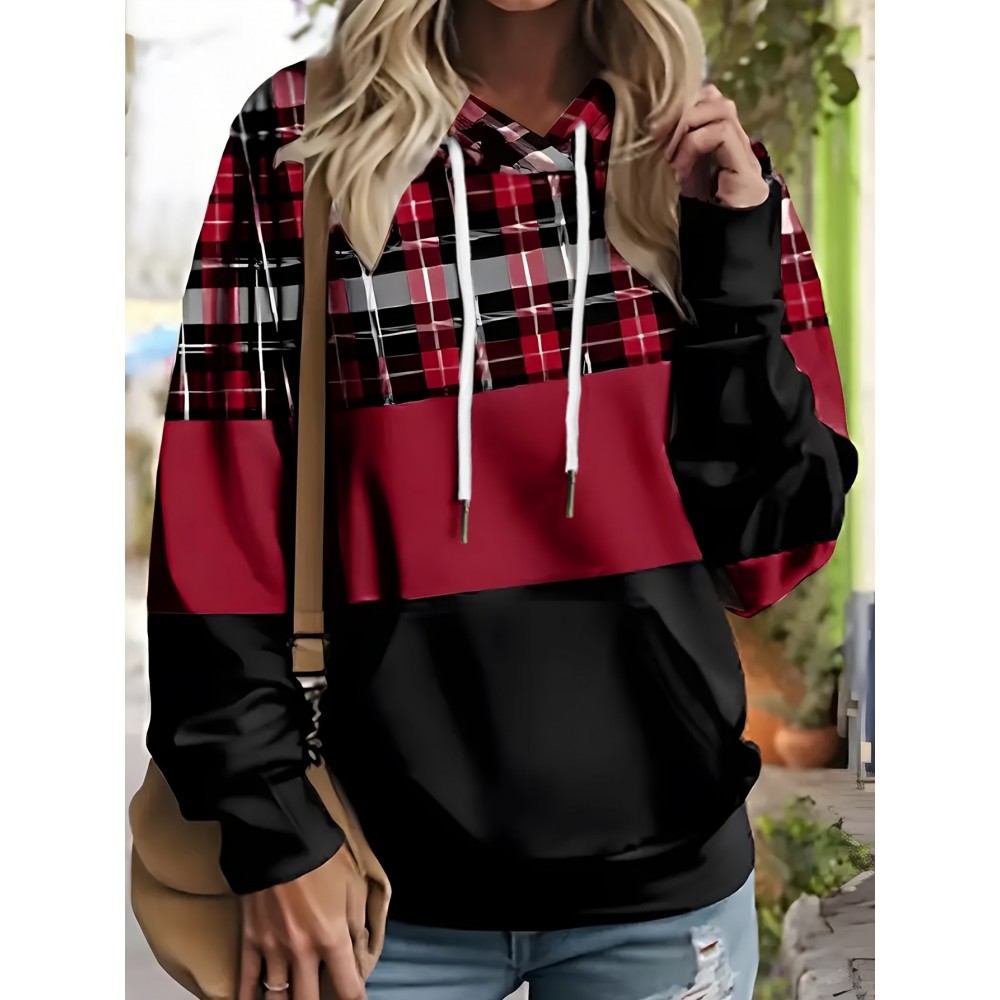 Women's Plus-Size Geometric Color Block Hoodie - Red & Black Plaid Print Pullover with Front Pockets, Cozy Long Sleeve Casual Sweatshirt for All-Season Comfort, Streetwear Style, Trendy Design, Durable Construction, Comfort Seekers