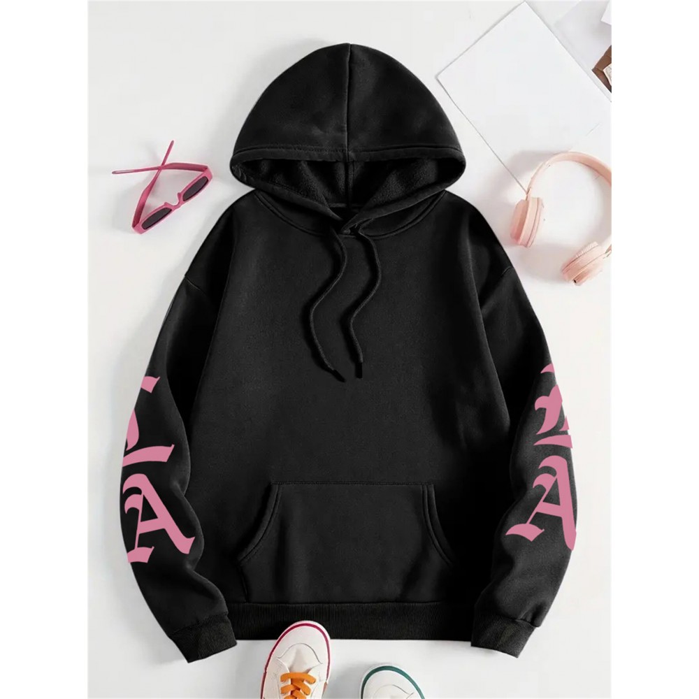 Los Angeles Letter Print Casual Hooded Sweatshirt - Long Sleeves Oversized Hooded Sweatshirt with Popular Extension