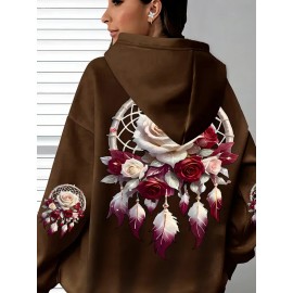 Plus Size - Women'S Plus Size Floral Print Hoodie - Soft, Comfortable Long Sleeve with Pockets, Casual Brown Pullover for All-Season Wear, Casual Wear Hoodie | Floral Print Hoodie | Soft Fabric Hoodie