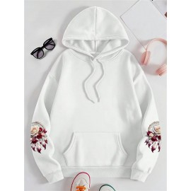 Plus Size - Women'S Plus Size Floral Print Hoodie - Soft, Comfortable Long Sleeve with Pockets, Casual Brown Pullover for All-Season Wear, Casual Wear Hoodie | Floral Print Hoodie | Soft Fabric Hoodie