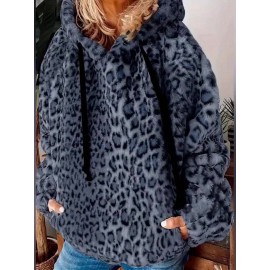 Plus Size Leopard Print Hoodie - Ultra-Soft Fleece Long Sleeve Drawstring Sweatshirt with Spacious Pockets for Women - Vibrant Print Design, Adjustable Fit, and Cozy Comfort