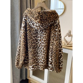 Plus Size Leopard Print Hoodie - Ultra-Soft Fleece Long Sleeve Drawstring Sweatshirt with Spacious Pockets for Women - Vibrant Print Design, Adjustable Fit, and Cozy Comfort