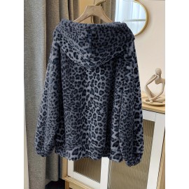 Plus Size Leopard Print Hoodie - Ultra-Soft Fleece Long Sleeve Drawstring Sweatshirt with Spacious Pockets for Women - Vibrant Print Design, Adjustable Fit, and Cozy Comfort