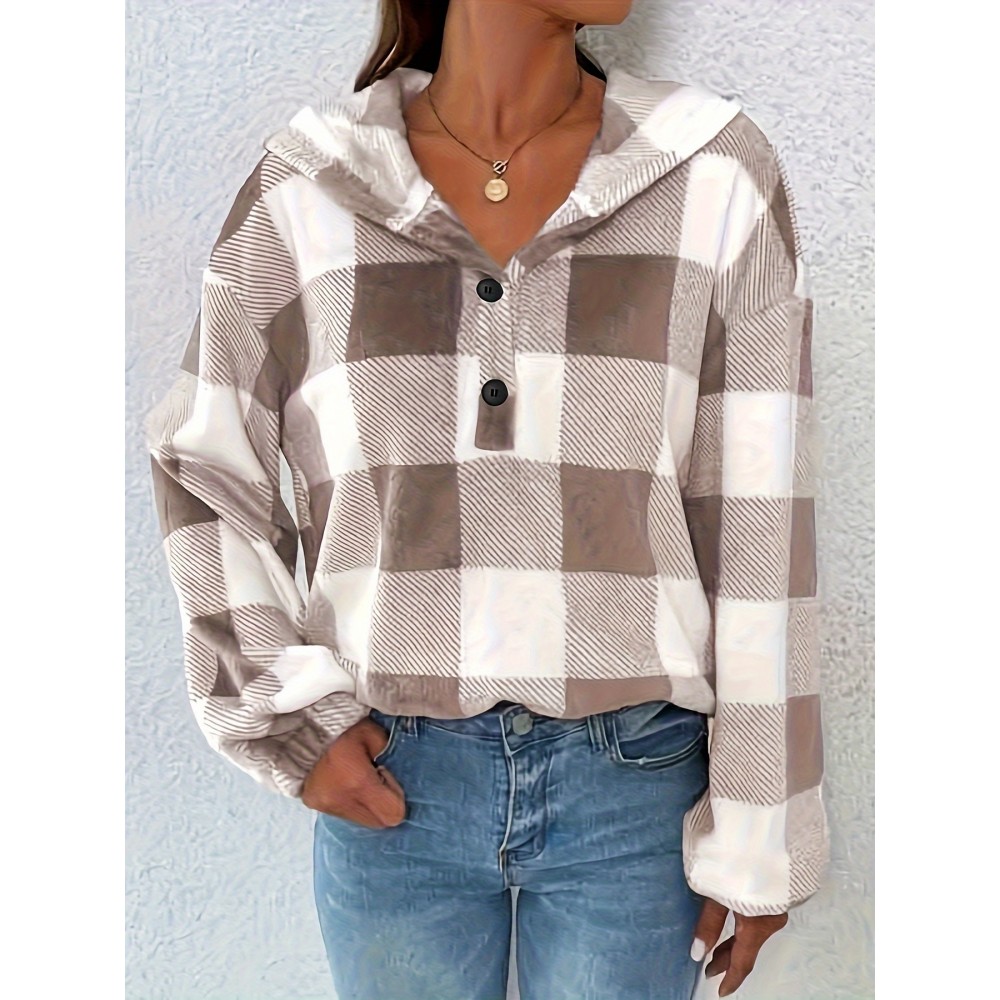 Plus Size Women's Gingham Check Hoodie - V-Neck Long Sleeve Pullover with Button Details, Drop Shoulder Design, and Pockets, Casual Wear for Fall/Winter | Vneck Hoodie | Construction, Sweater Hoodie