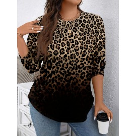 [Cozy Leopard Print Sweater] Amikafashion Women's Plus Size Leopard Print Sweater - Cozy Soft Fabric, Long Sleeve Round Neck Casual Pullover, Black & Brown Animal Print, Fall Winter Tops for Everyday & Formal Outfits, Seasonal Wardrobe Staple, Minimalist Design, Stylish Trendy Top