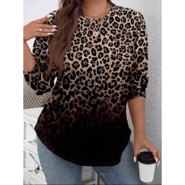 [Cozy Leopard Print Sweater] Amikafashion Women's Plus Size Leopard Print Sweater - Cozy Soft Fabric, Long Sleeve Round Neck Casual Pullover, Black & Brown Animal Print, Fall Winter Tops for Everyday & Formal Outfits, Seasonal Wardrobe Staple, Minimalist Design, Stylish Trendy Top