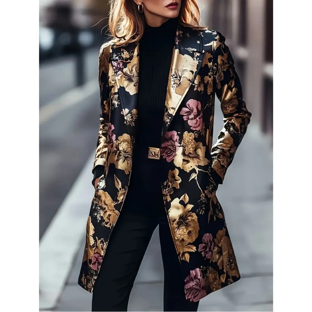Plus Size, Women's & Burgundy Floral Blazer Jacket - Mid-Length Lapel Coat with Notch Collar, -Tone Pocket, Machine-Washable Winter Outerwear for, Weddings & Parties - Elegant Brown/Beige Trench Coat