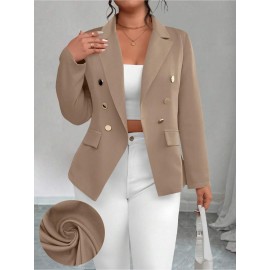Plus Size - Plus-size Women'S Solid Color Double-Breasted Fitted Waist Long-Sleeved Suit Jacket | Elegant Style with Lapel Collar and Button Details, Perfect for All Seasons