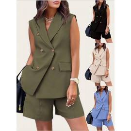 Plus Size - New Plus-Size Professional Double-Breasted Suit for Women, Stylish And Fashionable, Perfect As a Graduation Gift, Wedding Guest Attire, Or a Must-Have for Spring, Summer, And Autumn Work. Sleeveless V-Neck Top And Pants Two-Piece Set.