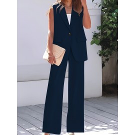 Plus Size Elegant Plain Suit Set, Single Breasted Sleeveless Vest & Straight Leg Pants Outfits, Women's Plus Size Clothing