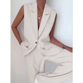 Plus Size Elegant Plain Suit Set, Single Breasted Sleeveless Vest & Straight Leg Pants Outfits, Women's Plus Size Clothing