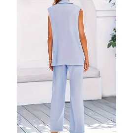Stylish Plus Size Solid Color Elegant Suit Set - Women's Plus Size Clothing, Button Sleeveless Vest & Straight Leg Loose Pants for Work or Formal Occasions - Comfortable, Breathable, and Flattering