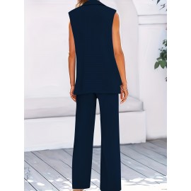 Stylish Plus Size Solid Color Elegant Suit Set - Women's Plus Size Clothing, Button Sleeveless Vest & Straight Leg Loose Pants for Work or Formal Occasions - Comfortable, Breathable, and Flattering