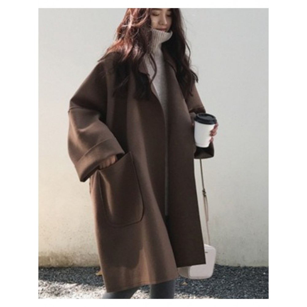 Women's New Korean Winter Coat - Collar Loose-Fit Mid-Length Jacket, Solid Color Warm Outerwear for Fall & Winter, Machine Washable Casual Blazer for or Weekend Outfits