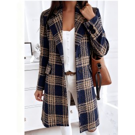 Plus-Size Women's Oversized Collar Button- Coat Jacket - Golden-Toned Houndstooth & Striped Print (Black/Golden), Winter Warmth with Chest Pocket, Machine Washable Casual & Professional Outerwear for, Parties, Everyday