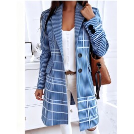 Plus-Size Women's Oversized Collar Button- Coat Jacket - Golden-Toned Houndstooth & Striped Print (Black/Golden), Winter Warmth with Chest Pocket, Machine Washable Casual & Professional Outerwear for, Parties, Everyday