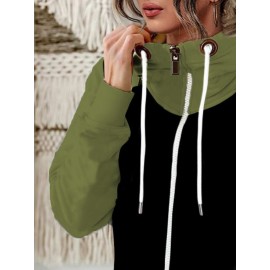 Women's Full-Zip Turtleneck Jacket - Winter Warm Coat with Pockets, Black & Brown Two-Tone Collar, Full-Zip Front Closure & Drawstring Hood-like Neckline, Casual Outerwear (Machine Washable) for Fall/Winter (No-Stretch Fabric), Womens Winter Jacket, Jacket For Women, Jackets For Women, Women Winter Jacket, Womens Jackets