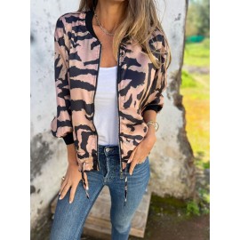Women's Plus-Size Zebra Print Blazer Jacket - Full-Zip Front Closure, Golden-Tone Zipper & Black/White Stripes, All-Season Casual to Semi-Formal Outerwear, Machine Washable Tunic-like Jacket for Women (No Bulk, Structured Fit) - Medium Stretch Fabric, Full-Length Zipper, Chic & Versatile Design, Suitable for Layering or Standalone Wear, Plus-Size Friendly, Eye-Catching Zebra Stripe Jacket
