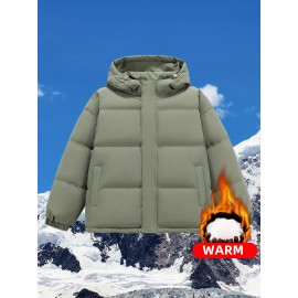 Women's Hooded Outdoor Jacket, Solid Color Plus Size Winter Coat, Fashionable Elegant Loose Fit Long Sleeve Warm Puffer For Fall/Winter