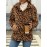 Women's Plus Size Leopard Print Faux Fur Jacket, Casual Collared Pullover, Polyester Knit Coat with Pockets, Regular Fit Long Sleeves, All-Season Fashion Outerwear