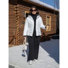 Women'S Plus Size Hooded Jacket, Casual Polyester 100% Woven Coat, Solid Color Fall/Winter Warm Windproof Outerwear with Pockets