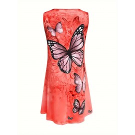 Women's Sleeveless Summer Dress with Vibrant Tropical Butterfly Print - Casual Loose Fit Round Neck Orange Dress, Machine Washable Flared Hem for Beach, Picnics & Casual Outings, Beach Dresses, Picnic Attire, Flowy Fabric