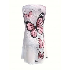 Women's Sleeveless Summer Dress with Vibrant Tropical Butterfly Print - Casual Loose Fit Round Neck Orange Dress, Machine Washable Flared Hem for Beach, Picnics & Casual Outings, Beach Dresses, Picnic Attire, Flowy Fabric