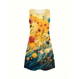 Women's Plus Size Tropical Floral Print Sleeveless A-Line Tank Dress - Vibrant Yellow to Blue Gradient, Lightweight Breathable Casual Summer Vacation Dress, Machine Washable, Casual Summer Dresses, Beach Attire, Gradientshaped Fashion, Easycare Fabric