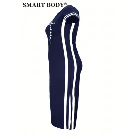 Faith Letter Women'S Striped Printed Casual Dress Side Slit Round Neck Short-sleeved Dress, Spring And Summer Casual WomenS Maxi Dress Striped Trim Split Thigh Longline Dress For Summer