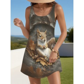 Women's Plus Size Sleeveless Pajama Dress - Cute Animal Sleepwear & Lounge, Loose Fit Shorts, Machine Washable All-Season Nightgown for Women (No Formality Needed), Comfortable Pajamas, Playful Squirrel Print, Durable Loungewear