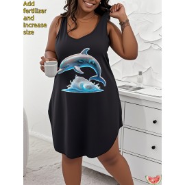 Plus Size Women'S Tops 100% Breathable Tank Dress with Dolphin Wave Print for Casual Wear, Plus Size Women'S Oversized Loose Fit Tank Dress, Large Size Womens Tops for Everyday Use
