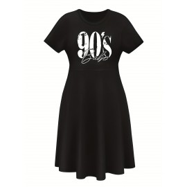 Women'S Plus Size 90'S Retro Bops Graphic Print Vintage 90s Inspired Casual Dress - Short Sleeve Round Neck A-Line Flared Skirt with Puff Sleeve-like Hem, Machine Washable Summer Midi Dress in & Retro Lettering, Loose Fit H-Line Silhouette for Casua