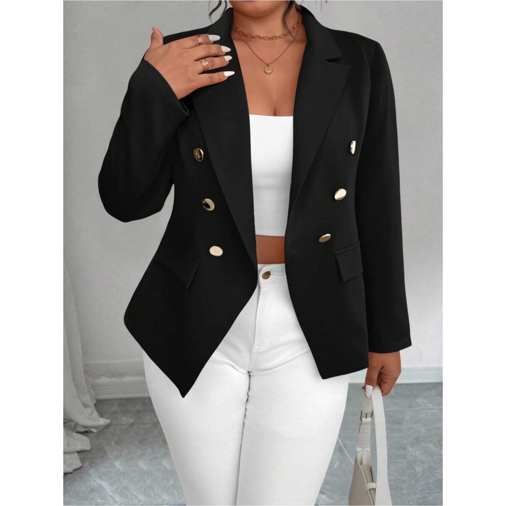 Plus Size - Plus-size Women'S Solid Color Double-Breasted Fitted Waist Long-Sleeved Suit Jacket | Elegant Style with Lapel Collar and Button Details, Perfect for All Seasons