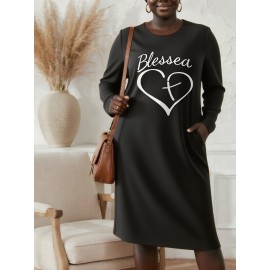 Plus Size, Women'S Plus Size Long Sleeve Maxi dress - Elegant Black Formal & Everyday dress with Side Pocket, Loose Fit Fall/Winter Outfit for Church, Office, Parties - Non-See-Through Fabric, Long Sleeve Dresses, Party Attire, Comfortable Wear, Office Attire, Heart Design, Durable Material, Casual Wearers